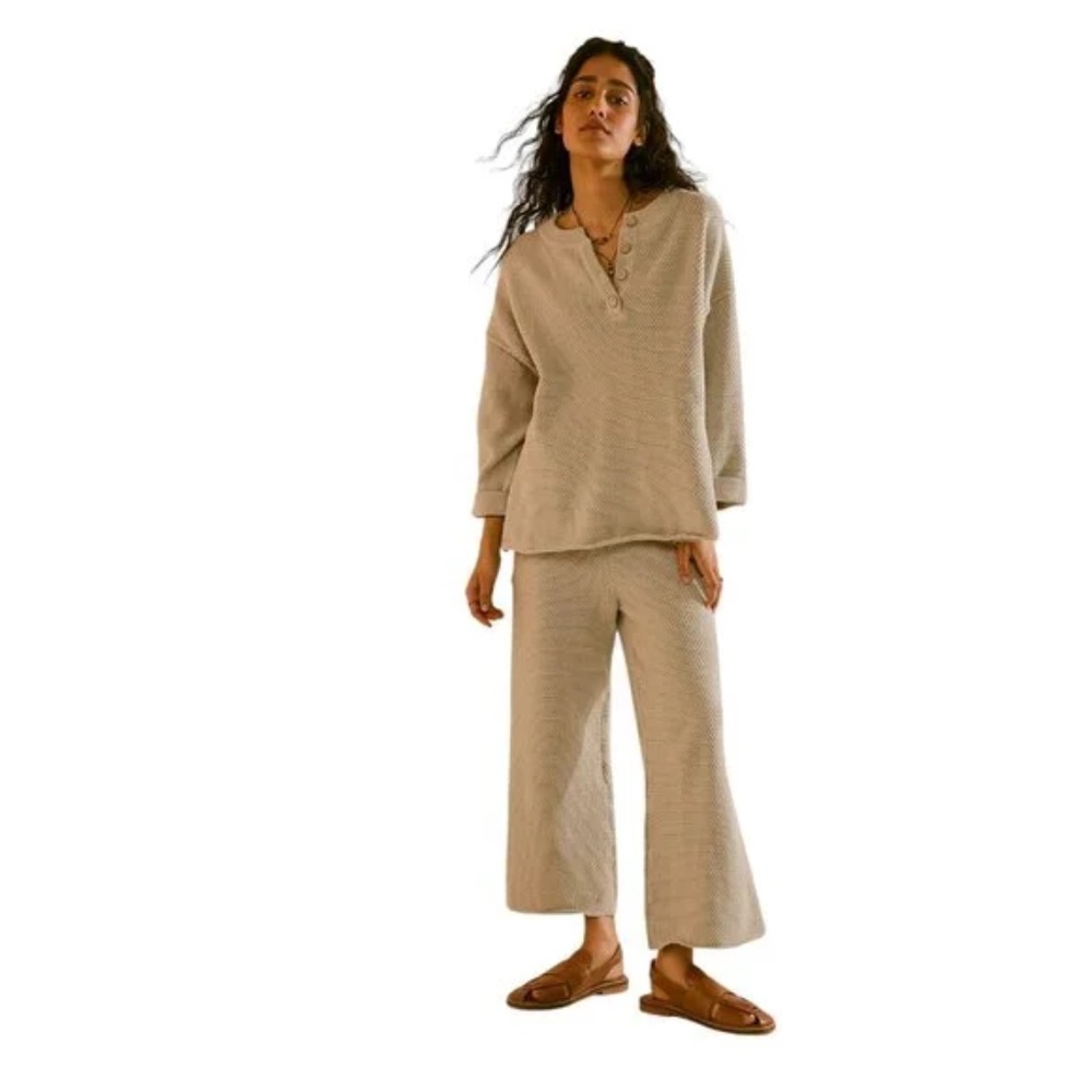 Free People Beige Waffle-Knit Cropped Top & Ankle Pants Set